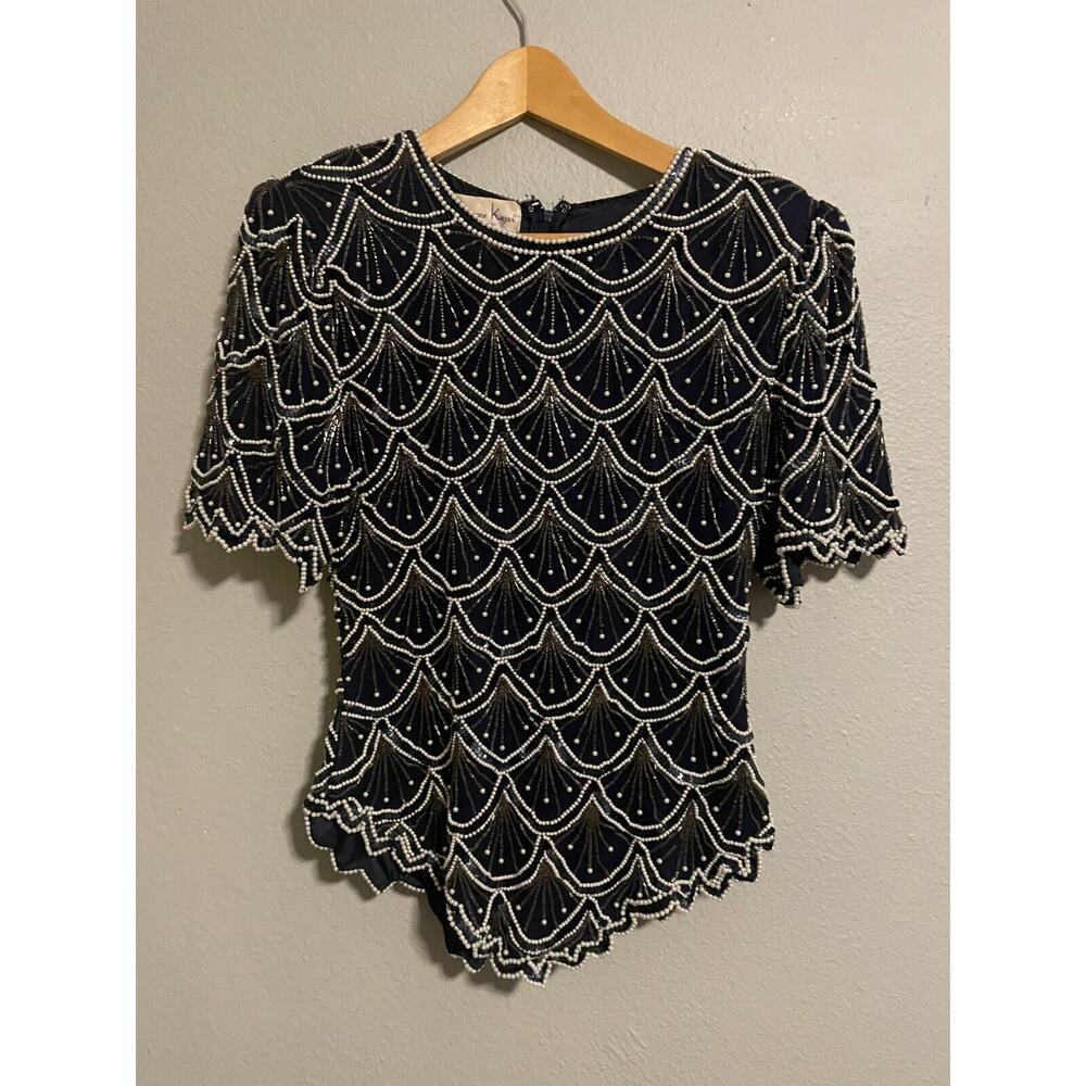 Vintage Laurence Kazar Womens Top Large Navy Silk Satin Beaded Sequin Art Deco
